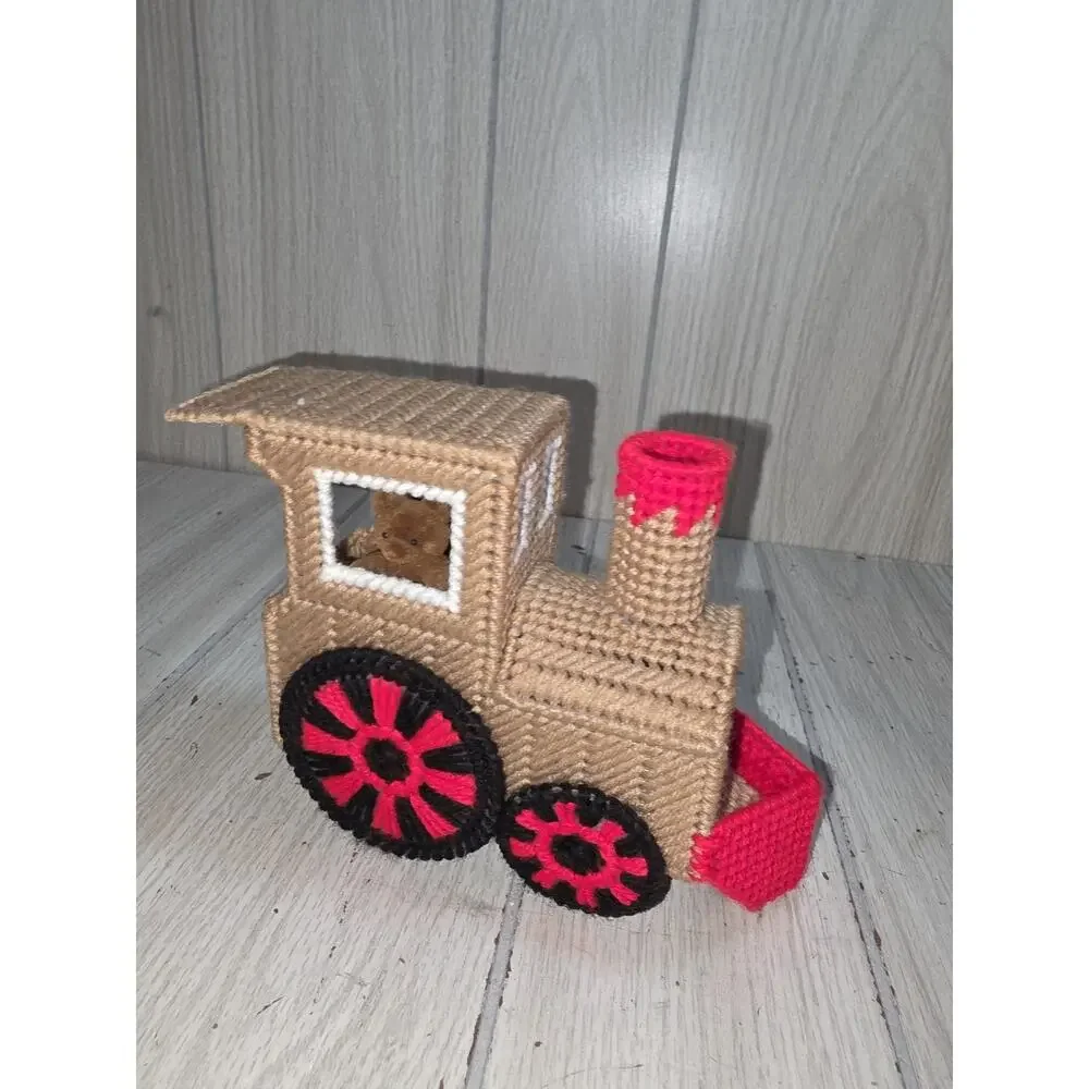 Vintage Plastic Canvas Needlepoint Christmas Train Engine Bear Conductor Decor